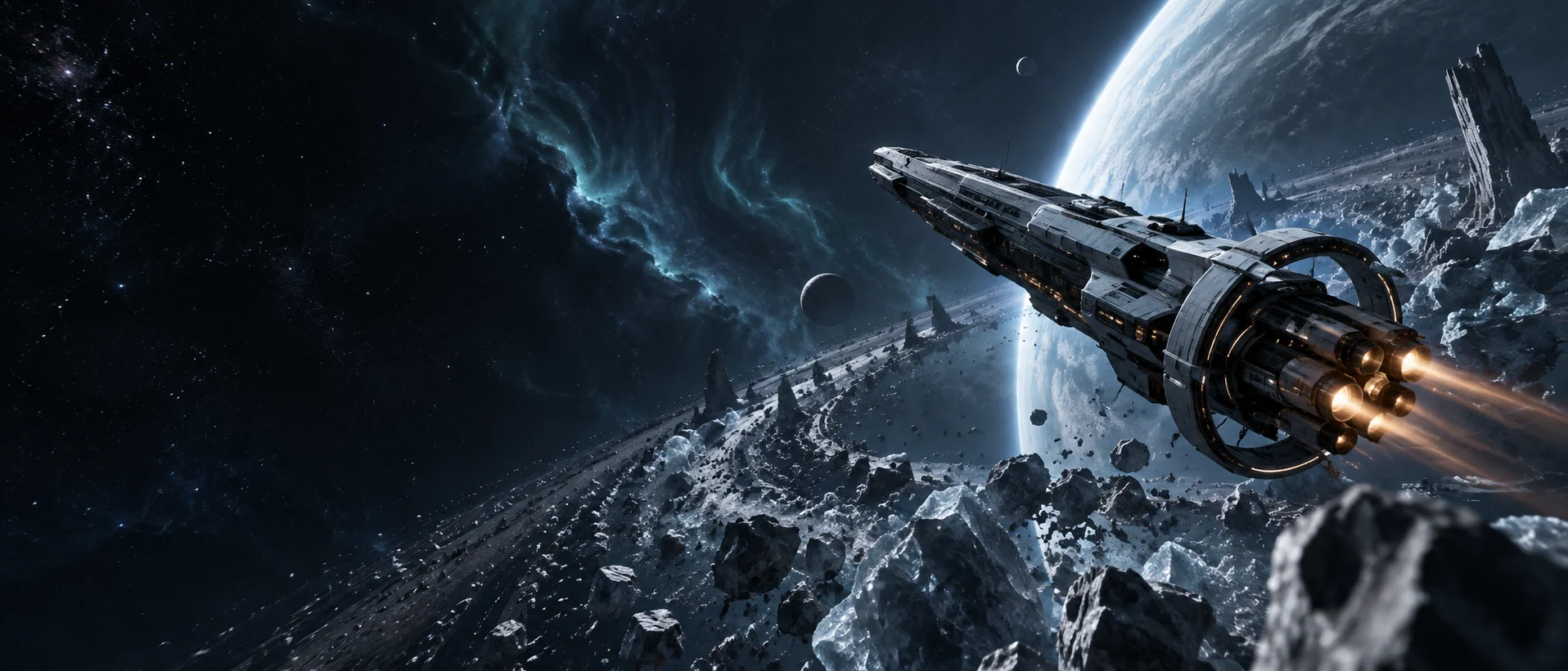 The Second Epoch concept art: a spacecraft approaching a distant blue planet